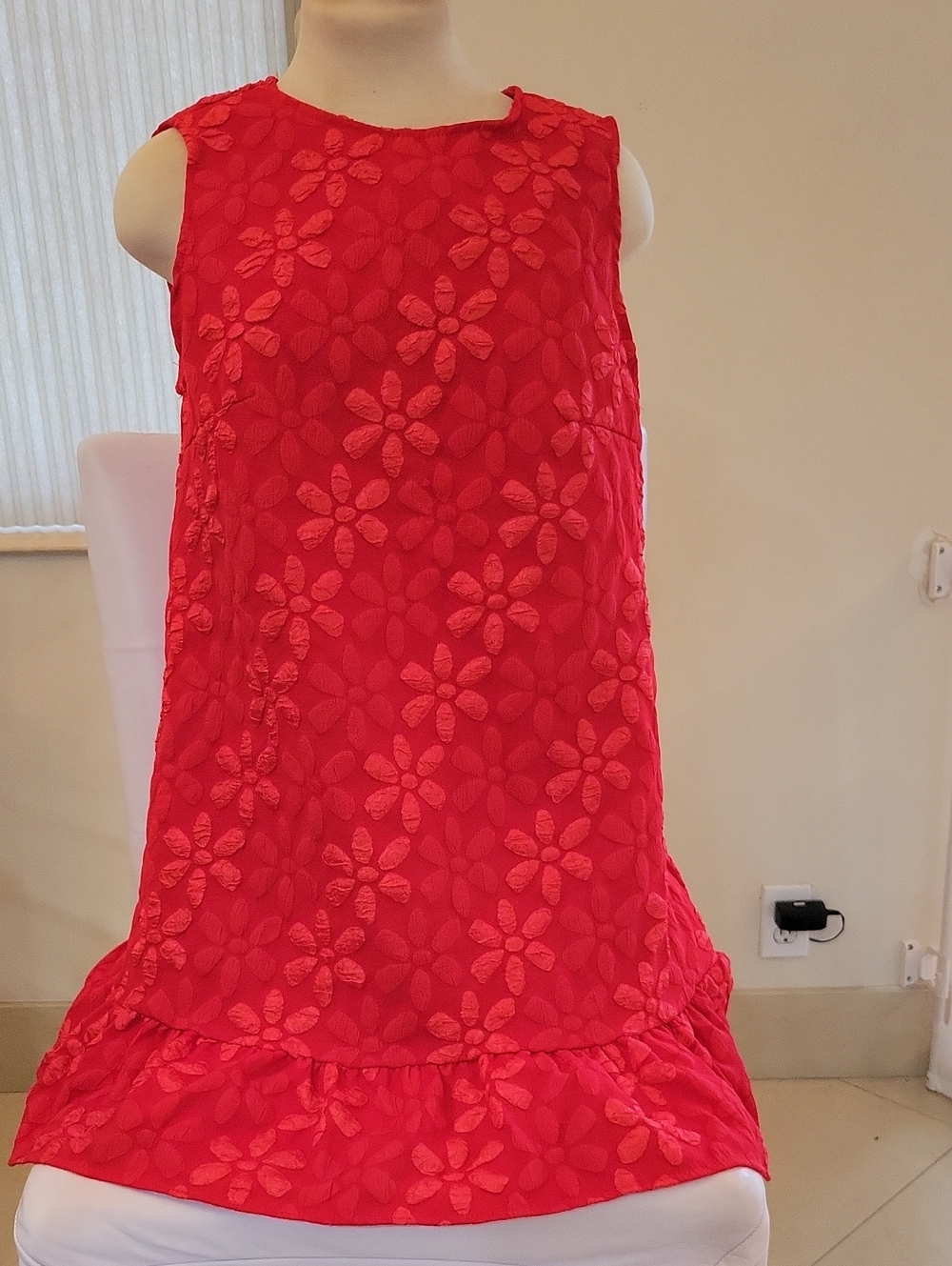Red Floral Textured Sleeveless Kids Dress